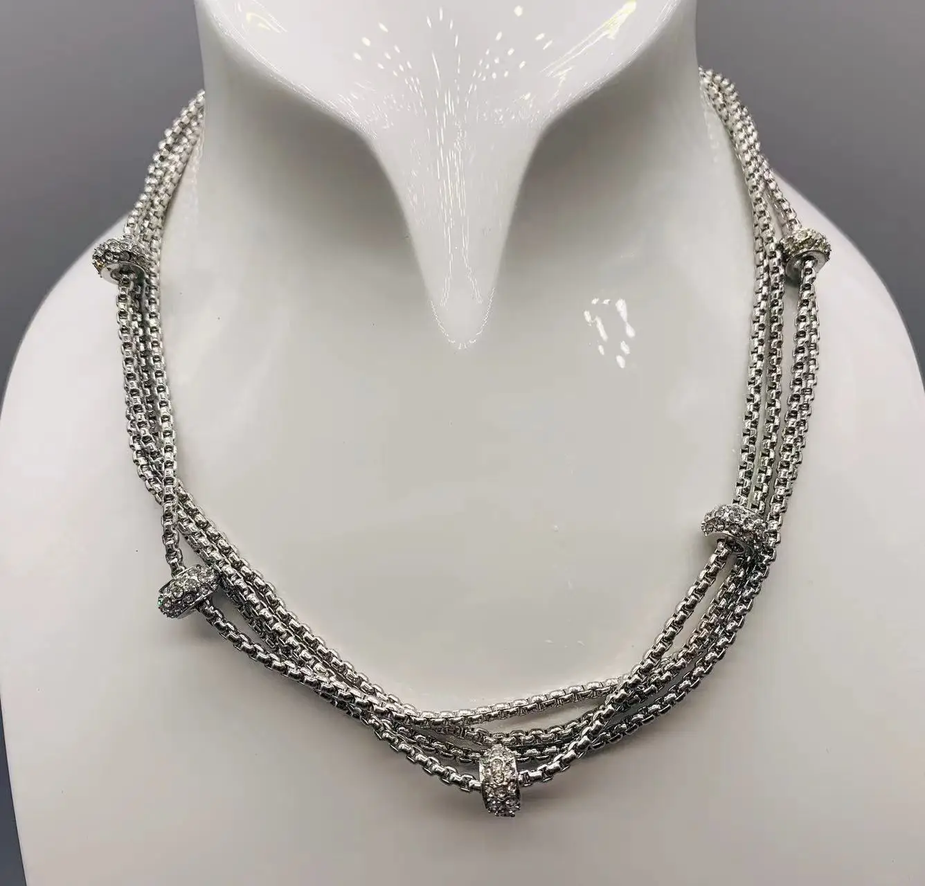 Le Han Jewelry 4 Line Silver Box Chain Twist With Clear Cubic Zircinia Neckalce