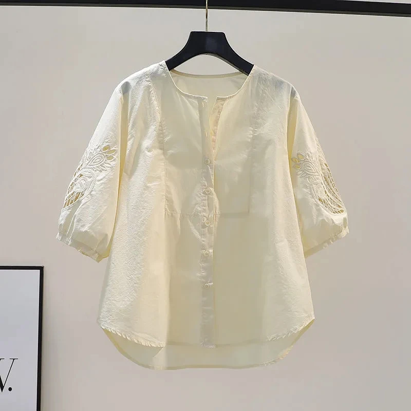 Chic Embroidery Hollow Out Thin Blouses 2023 Summer Loose Half Sleeve Women\'s shirts Korean Fashion Blue Blusas O-Neck Tops