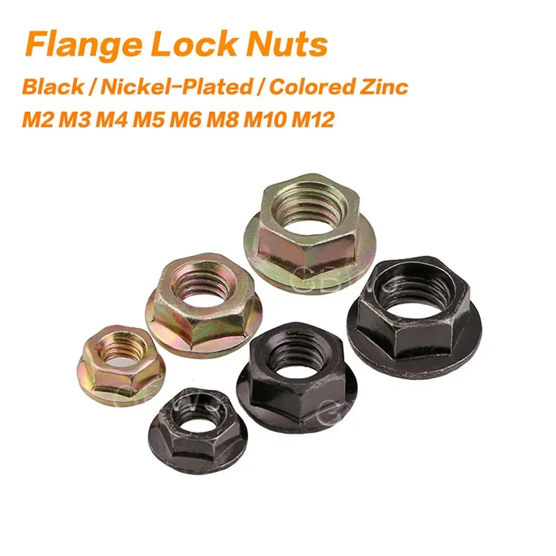 

1-50 Pcs M2 M3 M4 M5 M6 M8 M10 M12 Black / Nickel-Plated / Colored Zinc Hex Flange Lock Nuts Hexagon Serrated Lock Flange Nut