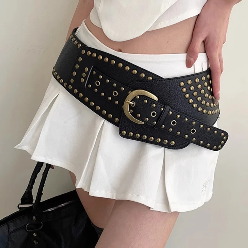 Rivet Studded Belt for Adult Fashion PU Belt All Matching Corset Belt Western Wide Waistband for Shorts Pants Cincher