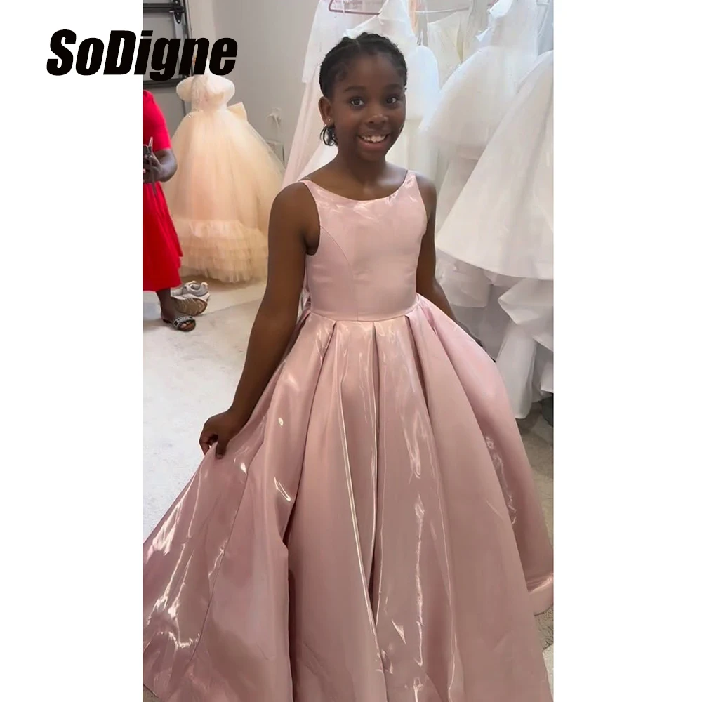 

SoDigne A-line Satin Flower Girl Dress O-neck Sleeveless Elegant Party Girl Gowns Long Birthday Dresses with Bow Customized