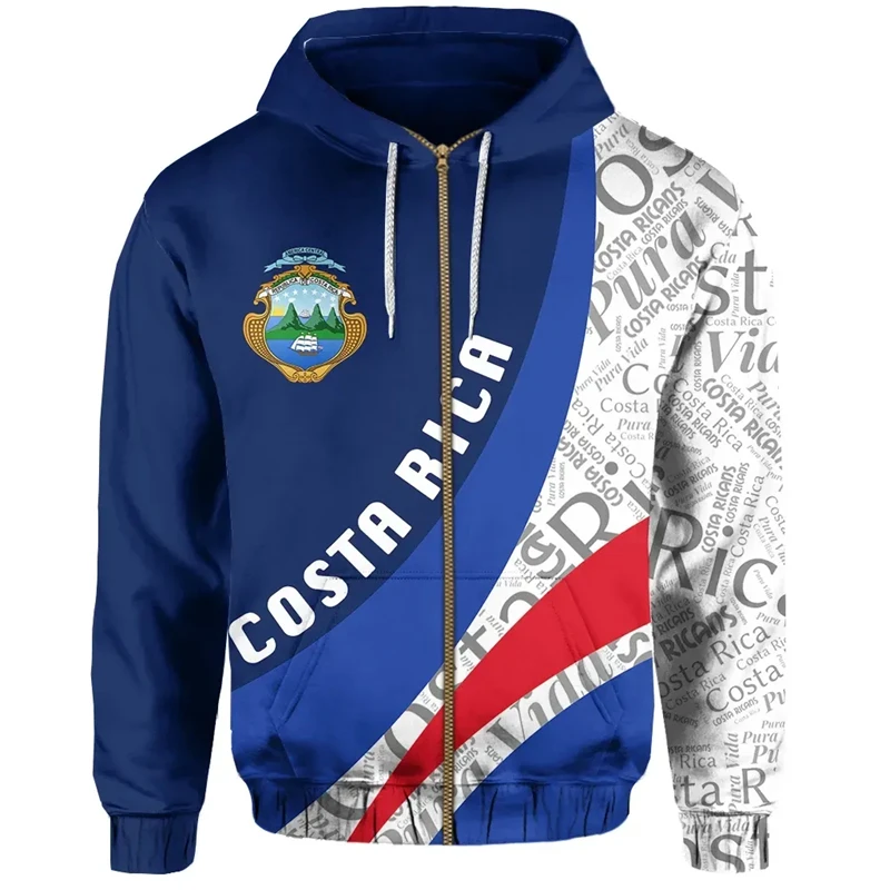 Spring Autumn Fashion Country Flag Zip Up Hoodies New Hot Costa Rica National Emblem 3D Print Hooded Sweatshirts Boys Kids Coat