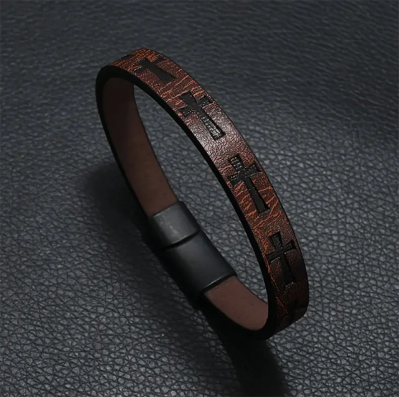 Men's simple retro PU leather cross fashion trend cross bracelet