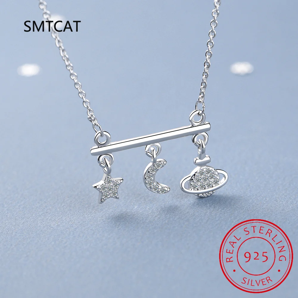 Collar con colgante de cielo estrellado de Plata de Ley 925, gargantilla de estrella y planeta para mujer, regalo, joyería fina de circón BSN292