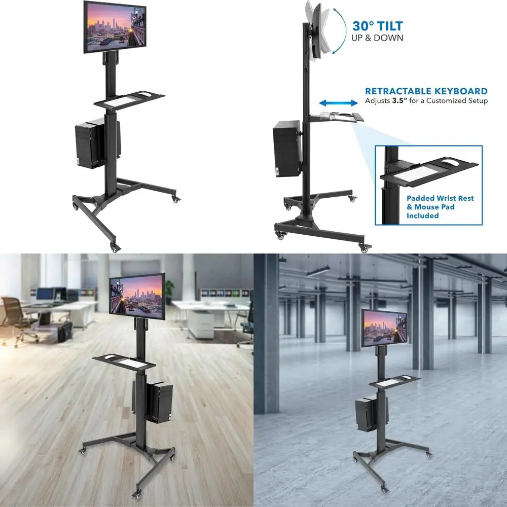 Mobile Rolling Computer Desk with Monitor Stand for Screens up to 32, Compact Workstation for PC, Includes Keyboard Tray - Ergon