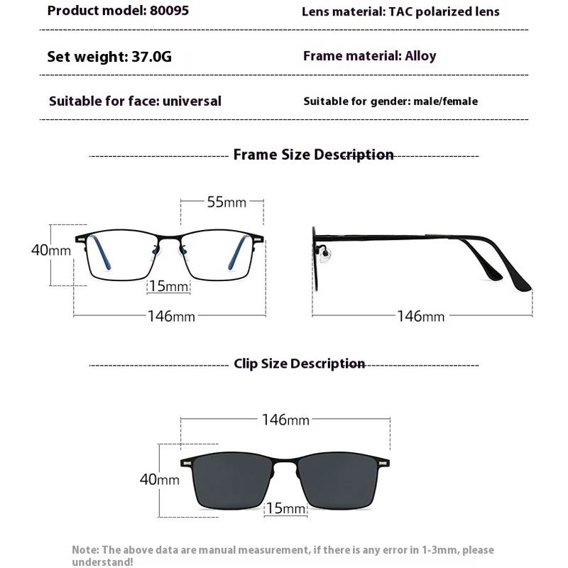 VCKA 3 in 1 Men Square Magnetic Polarized Myopia Sunglasses Women Driving Custom Prescription OpticsGlasses Frame -0.5 to -10