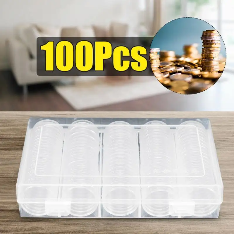 100Pcs Clear Coin Capsule Holder Case 27mm 30mm Commemorative Collectable Coin Medal Storage Box Collection + Eva Foam Gaskets