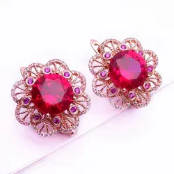 585 Purple Gold Ruby Flower Earrings for Women 14K Rose Gold Plated Luxury Exquisite Court Style Wedding Engagement Jewelry