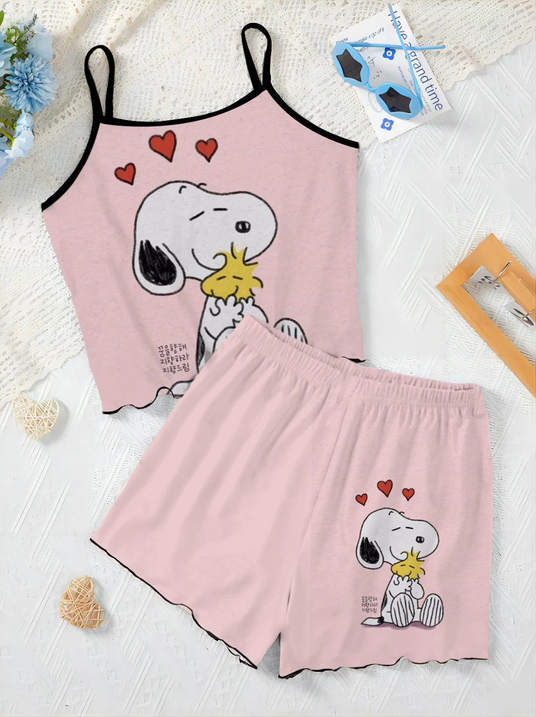 

Summer Clothes Women 2024 Lettuce Trim Snoopy Set Woman 2 Pieces Chic and Elegant Women's Sets Slip Dress T-shirt Top Short Suit