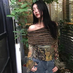 Tonngirls Vintage T Shirt Women Off Shoulder Patchwork Skinny Y2k Retro Tops Fairycore 2000s Korean Style Streetwear Tee Tops