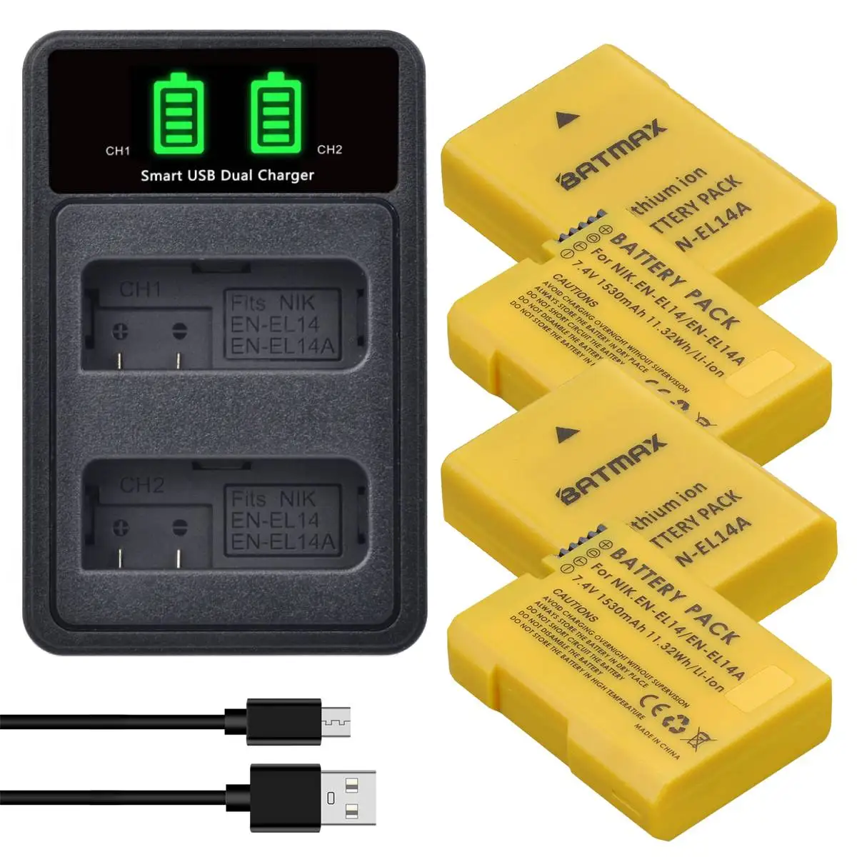 

Batmax 1530mAh EN-EL14 EN-EL14a Battery+LED USB Dual Charger with Type C Port for Nikon D5200 D3100 D3200 D5100 P7000 P7100