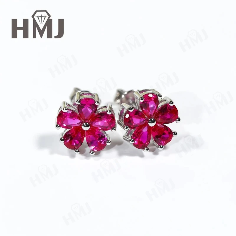 

Earrings Five-petal Ear Stud Ruby Sapphire Moissanite Water Drop Shape 925 Sterling Silver Birthday Christmas Gifts Simple Sweet