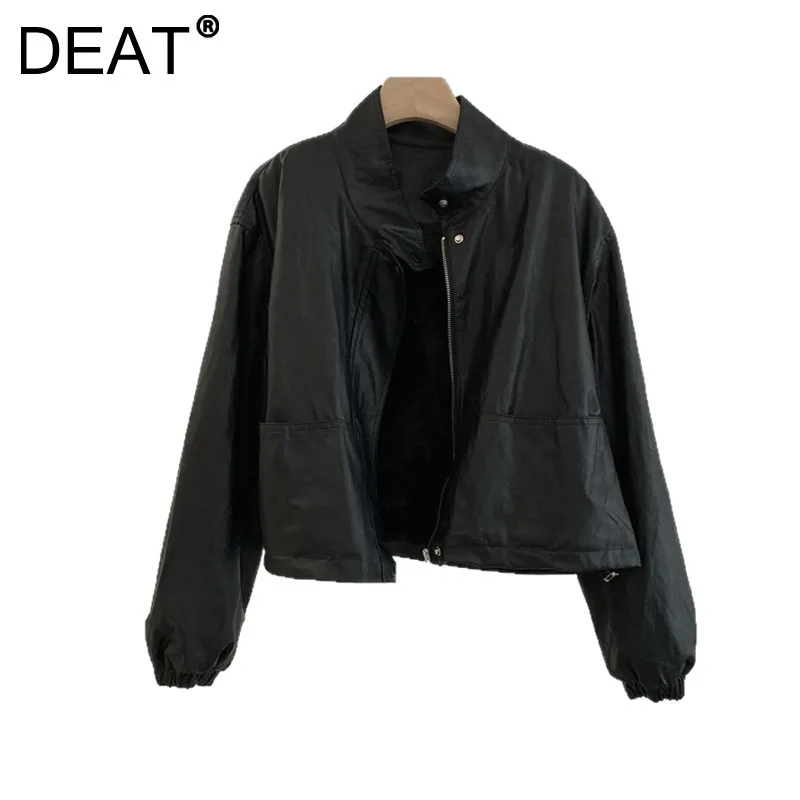 DEAT Women's Coat Cotton-padded Solid Color Stand Collar Zipper Simple Design Pu Leather Jackets 2025 Spring New Fashion 29L9165