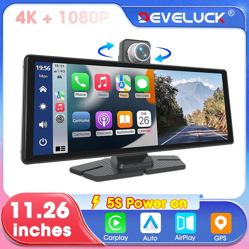 

10,26/11,26 "автомобильный видеорегистратор, беспроводной Carplay Android Auto, видеорегистратор 4K 3840*2160, передняя и 1080P камера заднего вида, 5G WIFI видеорегистратор