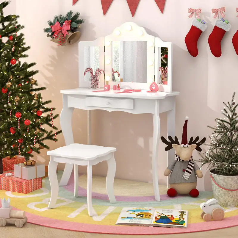 

Kid Vanity Table Stool Set with Tri-Folding Mirror and 3-Color LED Lights-White