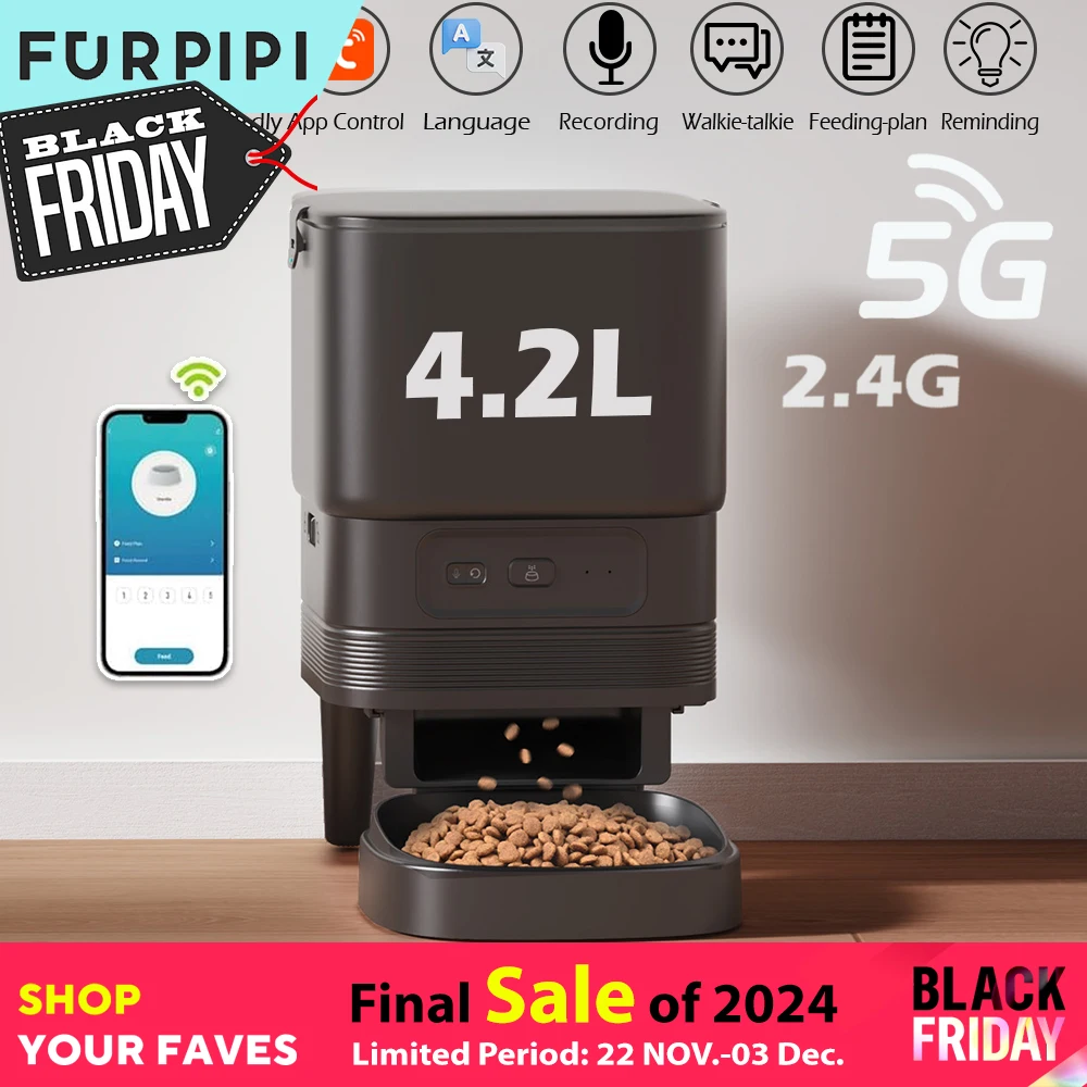 Automatic Feeder for Cat Dog 5G WiFi Smart Cat Feeder Feed Time Setting for Pets Dogs Cats Food Automatic Dispenser Bowl Furpipi