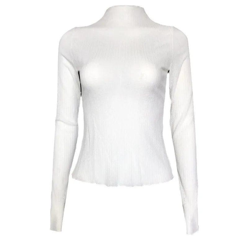 

Осенние элегантные прозрачные женские топы с длинными рукавами и воротником-стойкой, модные уличные сексуальные футболки, футболки, тонкая одежда