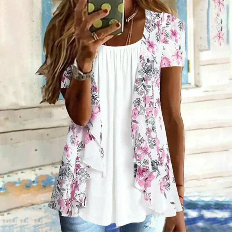 Beautiful Flower Clusters Print T-Shirts for Women Summer New Fashion Loose O-neck Pullover Clothing Casual Short Sleeve Tops