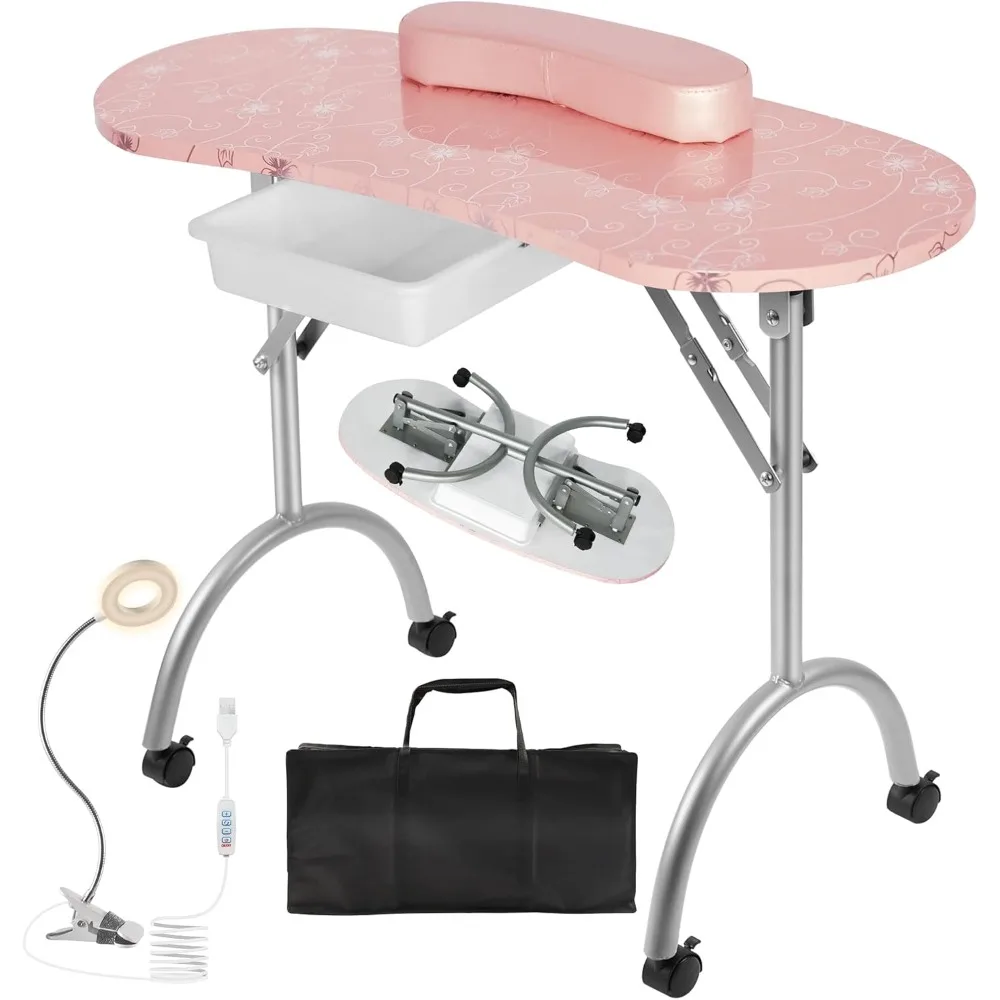 

Portable & Foldable Manicure Table Nail Desk on Wheels with Drawer, Updated USB-Plug LED Table Lamp, Client Wrist Pad