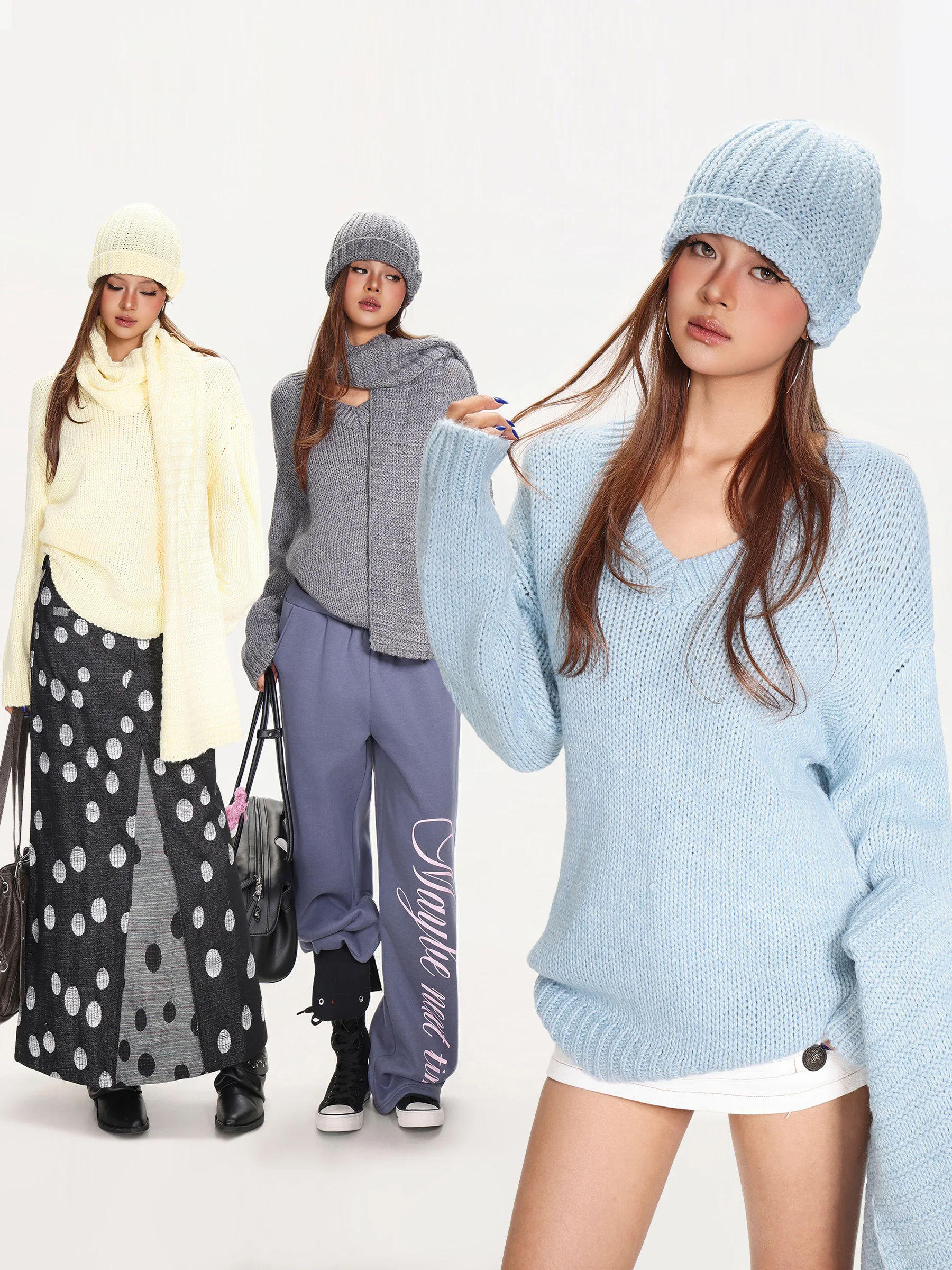 

Свободный свитер с V-образным вырезом для женщин, однотонный, вязаный, повседневный, осенне-зимний, длинный, теплый