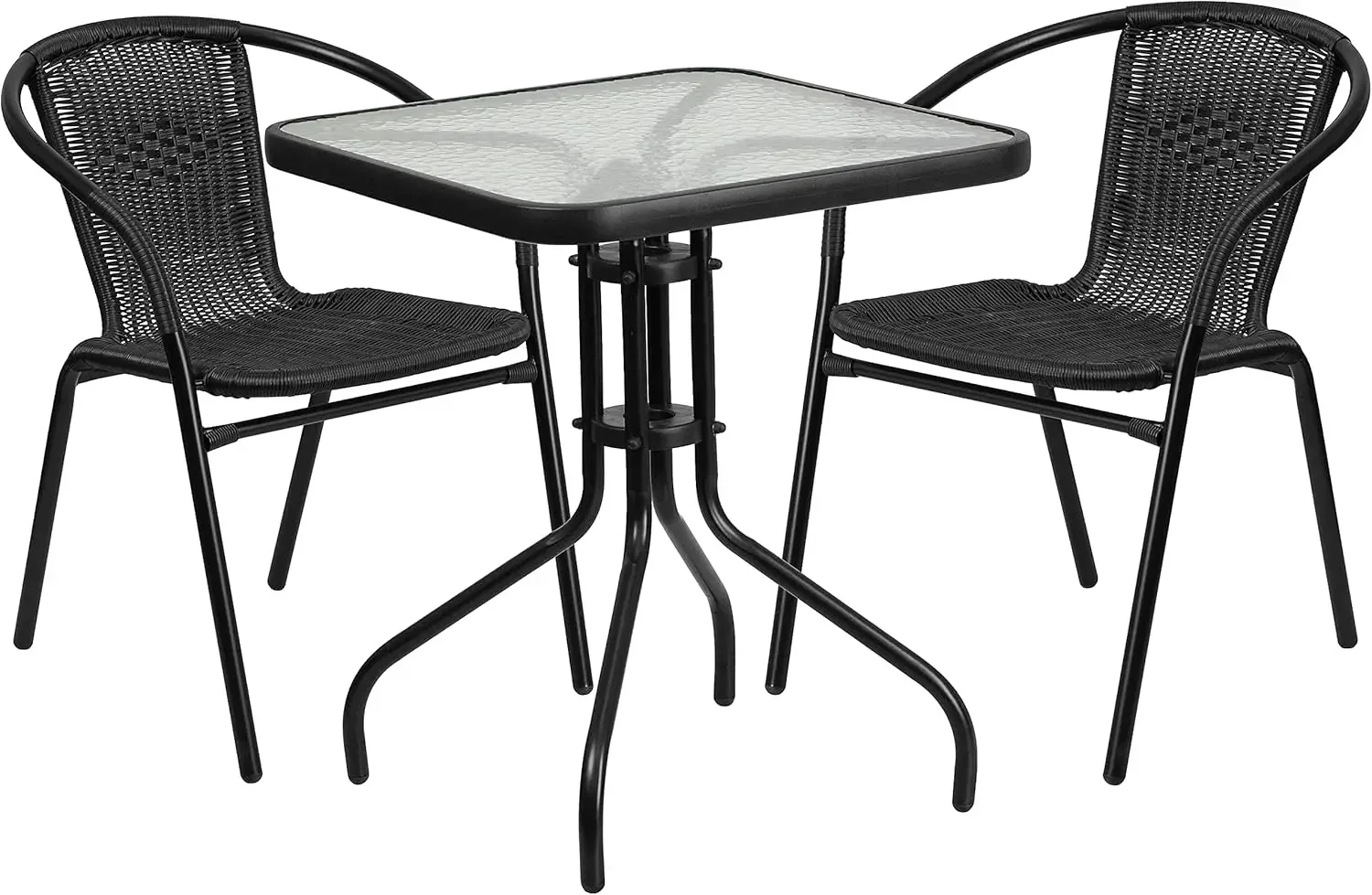 Furniture Lila 23.5'' Square Glass Metal Table with 2 Black Rattan Stack Chairs