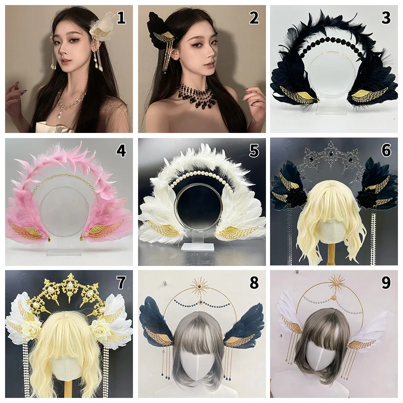 Gothic Angel Feather Wings Halo Lolita Tiara Cosplay Halloween Crown Mary Costume Headdress Women Pink Gold Hair Accessories 