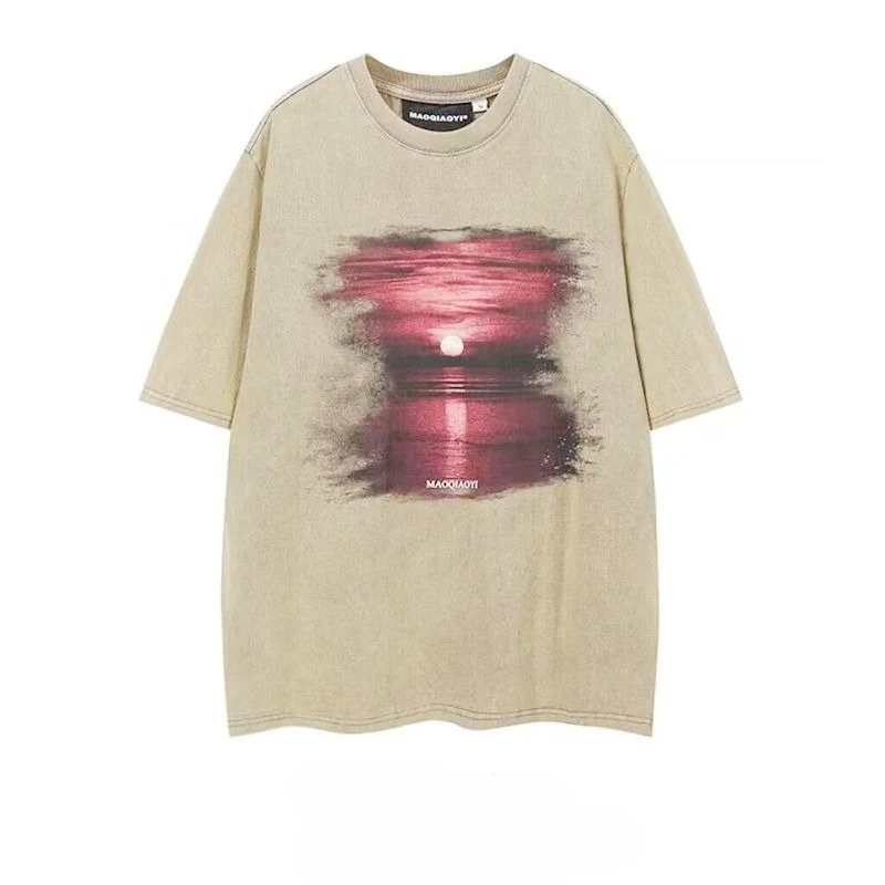 High Street Washed T-shirts for Women and Men Vintage Sunset Print Tshirt O-neck Couple Short Sleeved Tops Summer Loose Cotton T