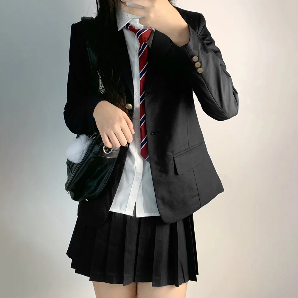 Women Suit Japanese School Uniform Jk Suit Girls Black Suit Thin Pleated Skirt Shirt Tie Four-piece Student Uniform