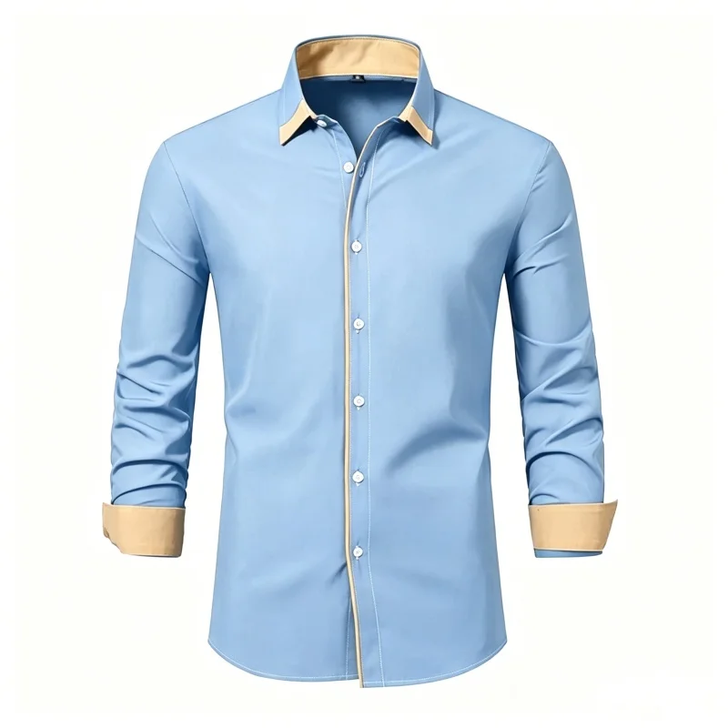 Men's shirt with contrasting collar and corner cuffs design, long sleeved shirt with lapel, business casual men's shirt XS-6XL