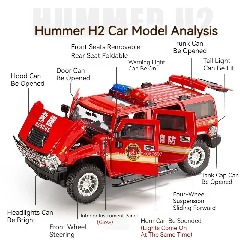 1:18 h2 modelo de carro de polícia em miniatura, brinquedo de liga fundida, veículos off-road, som, luz, portas abertas, motor de incêndio, ornamento