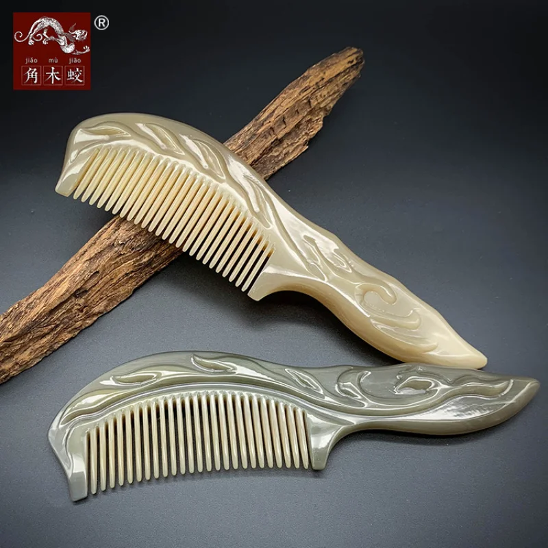 

Hornwood Yak Horn Handle Comb with Thickened Sun Phoenix Feather Pattern for Massage, Health , and Hair Care