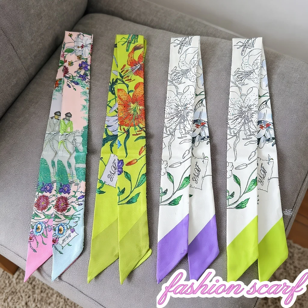 

Корейский стиль, саржевый шелковый шарф с цветочным принтом, подарок на четыре сезона, женская лента на шею, декор для сумки, новый аксессуар, оптовый подарок