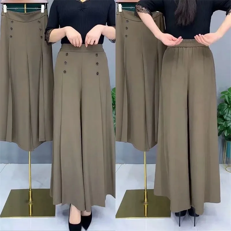 Women\'s Wide Leg Pants 2023 Spring Summer Elastic Waist Button Ankle-Length Casual Pants Fashion Loose Vintage Ladies Trousers