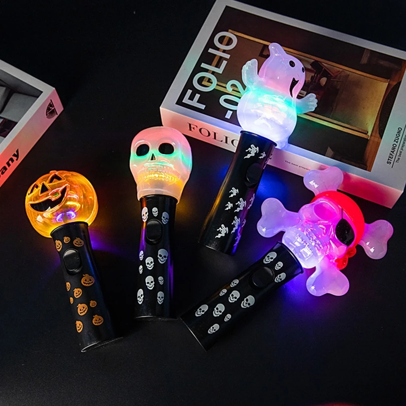 Handheld Light Up Wand Toys Halloween Adults Kids Cosplay Props Cute Ghost Pirate Skull Pumpkin Flashing Sticks Party Decoration