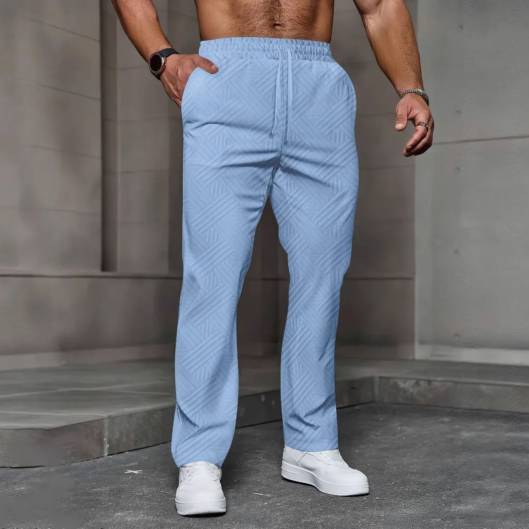 Men's sporty casual trousers, fashionable jacquard elastic waist street pants, solid-color loose all-season pants