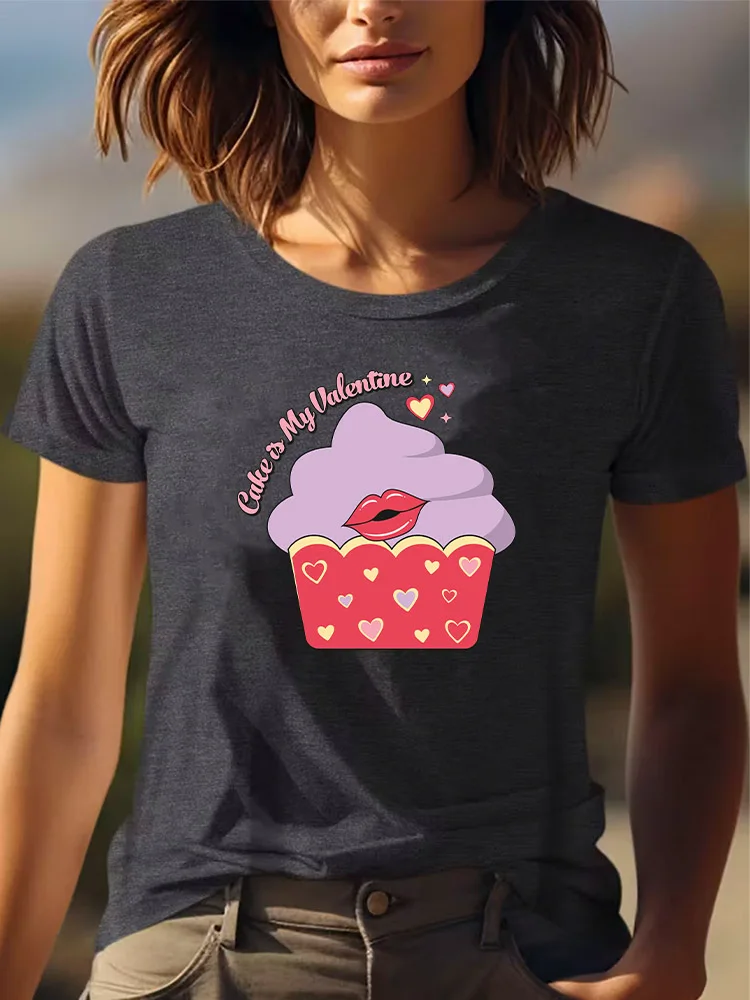 Cake Is My Valentine Women's Graphic Casual T-Shirt All-Season Wear Short Sleeve Round Neck Gray Tee 180g All-Season Wear