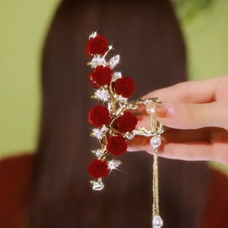 

Antique Style Red Rose Tassel Hair Clip Shark Clip Head Hairs Clip Headband Fashion Rhinestone Hairs Claws Party Hair Accessory