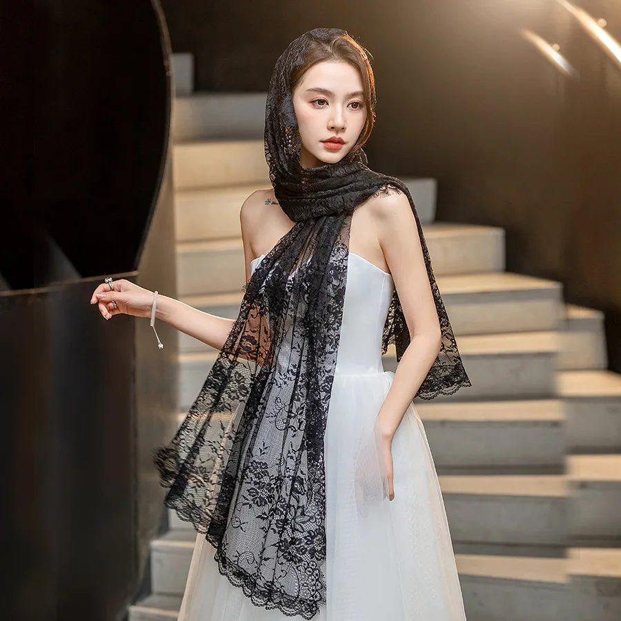 حجاب إسلامي طويل مع زخرفة رموش دانتيل أوروبية، شال حجاب زفاف أنيق للسيدات - حجاب عصري متواضع #5