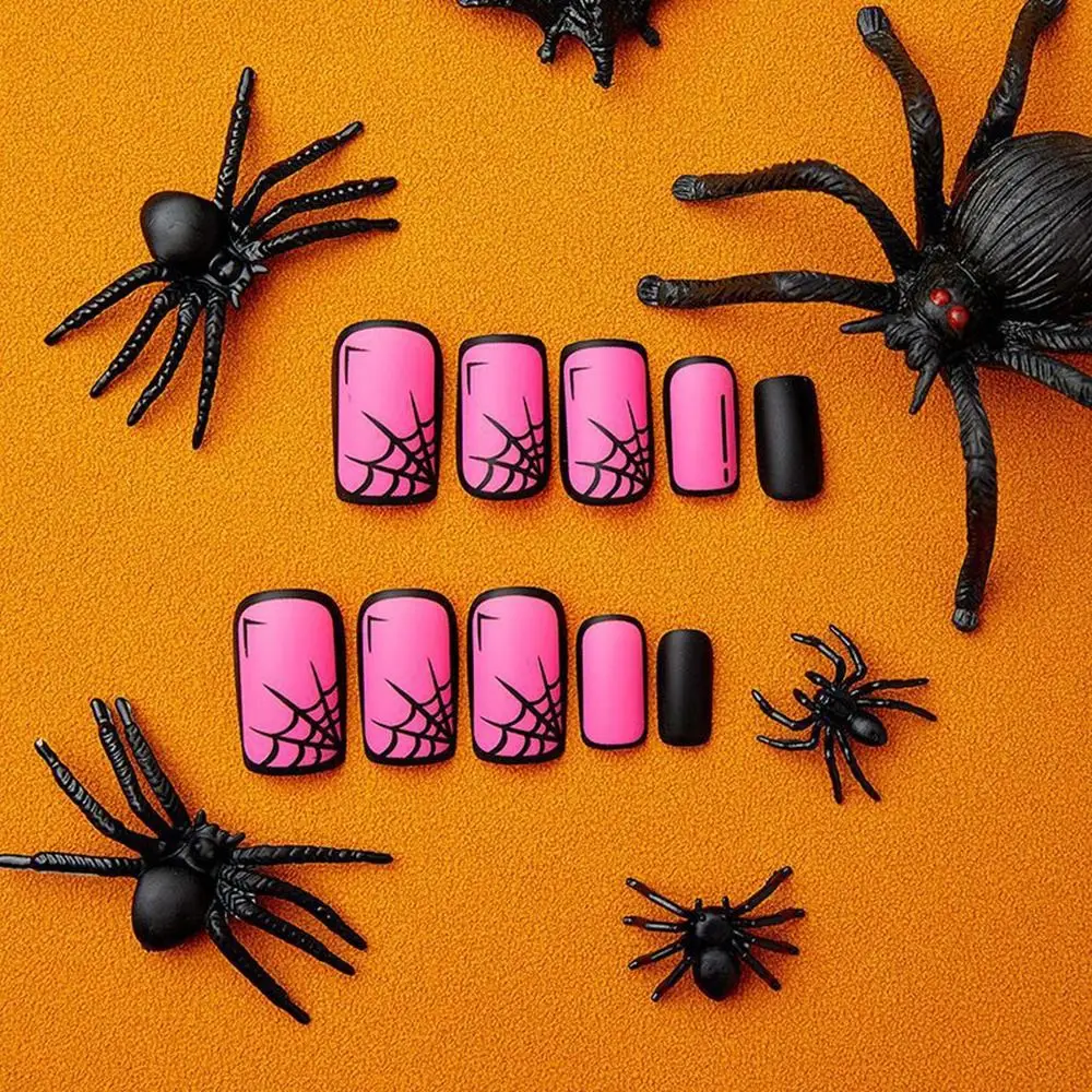 Cobweb Comic Style False Nails Matte Nails Coffin Shaped Y2k Style Press on Nails Rose Red Manga Wearable Short Nails