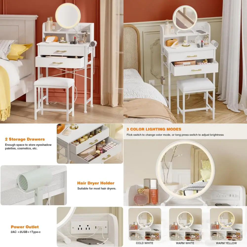 Fixwal White Small Vanity Desk Set with Lighted Mirror and Chair, Makeup Dresser with 2 Fabric Drawers, Power Outlet, Compact Ta