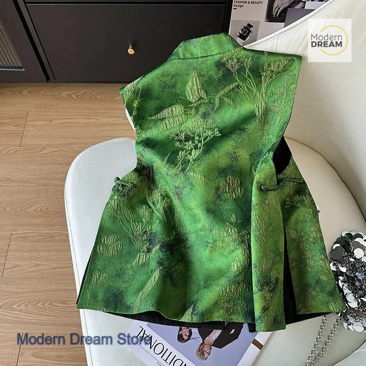 Nuovo gilet verde in acido acetico jacquard cinese da donna primavera e autunno nuovo gilet da abito Tang con fibbia ricamata per l'industria pesante
