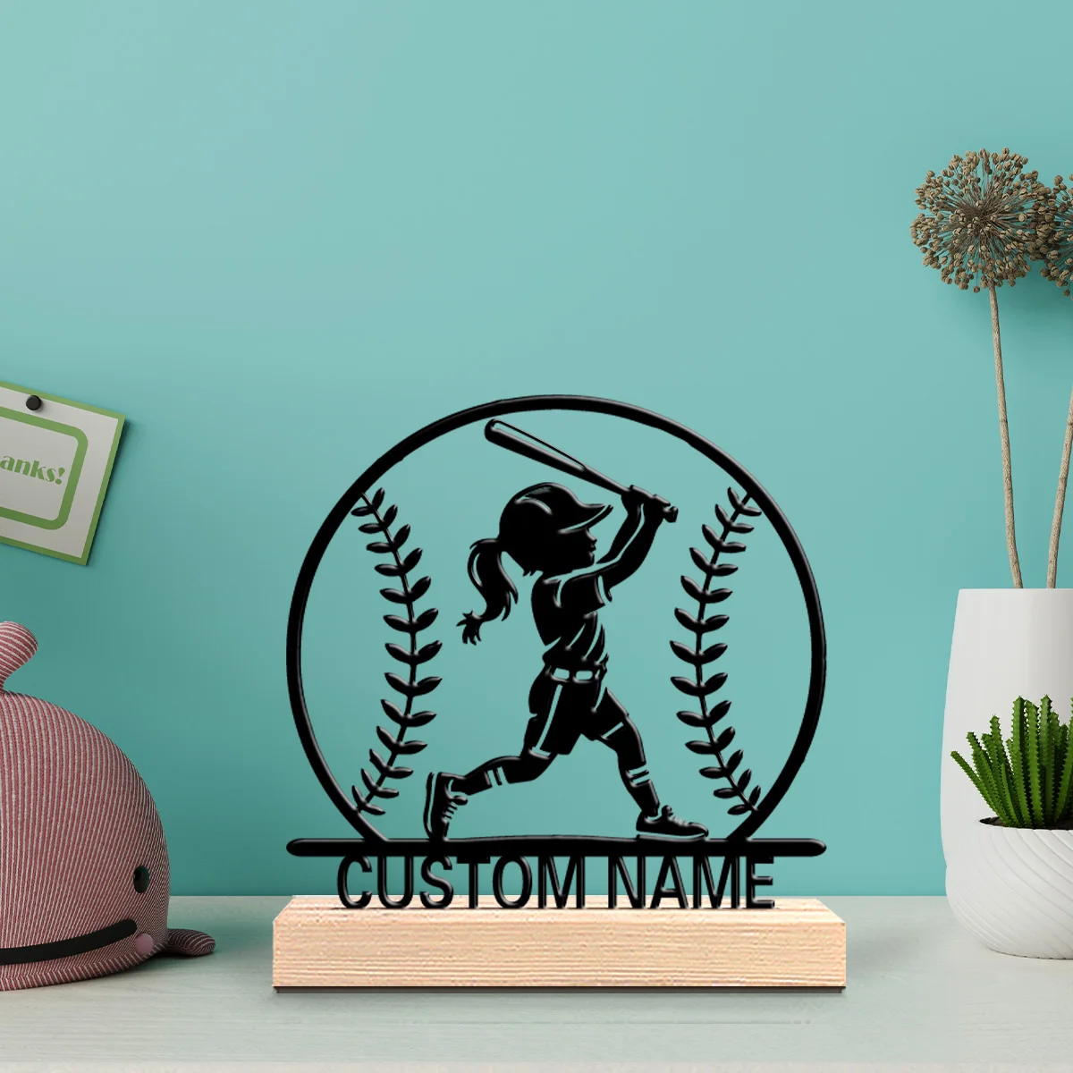 1pc Cartoon Personalized Custom Baseball Metal Statues Vibrant Desk Sculpture with Wooden Base Ideal for Eclectic Homes Global
