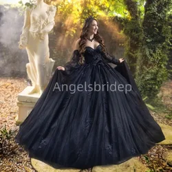 Angelsbride Black Ball Gown Quinceanera Dresses With Detachable Long Sleeves Appliques Evening Party Dress Vestidos XV Años