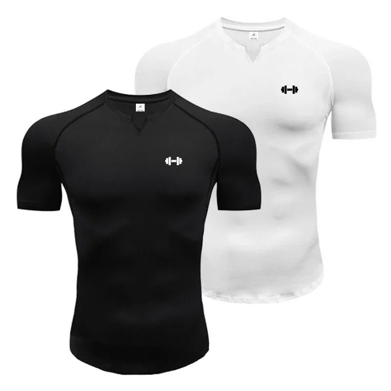 

Stretch Tight Gym Fitness Short Sleeve T-shirts Mens V-neck Milk Silk Breathable Quick-dry Sport Shirts Summer Slim Fit Clothing