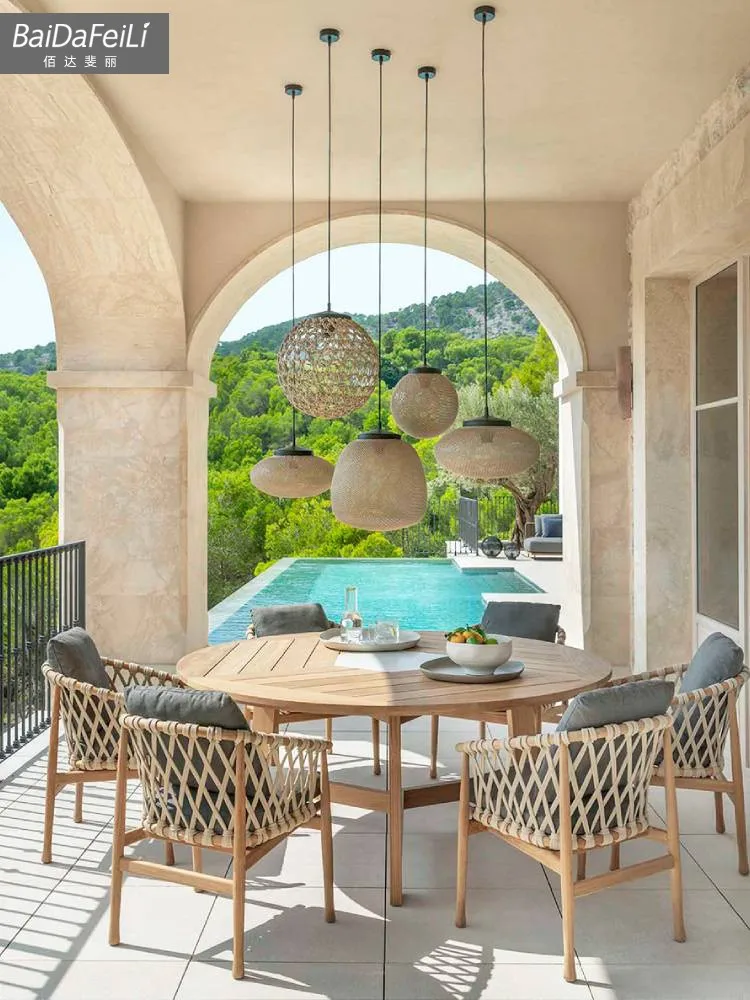 Outdoor tables and chairs, anti-corrosive solid wood tables, leisure furniture outside the courtyard of the villa