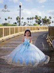 Light Blue Bow Long Sleeves Elegance Sparkly Prom Flower Girl Dresses For Weddings Toddlers Ball Gown Pageant Dress  Communion