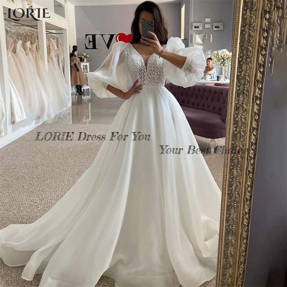 LORIE-Vestidos de Novia de encaje Vintage, cuello en V, mangas abullonadas, apliques de línea A, vestido de novia de princesa, 2024