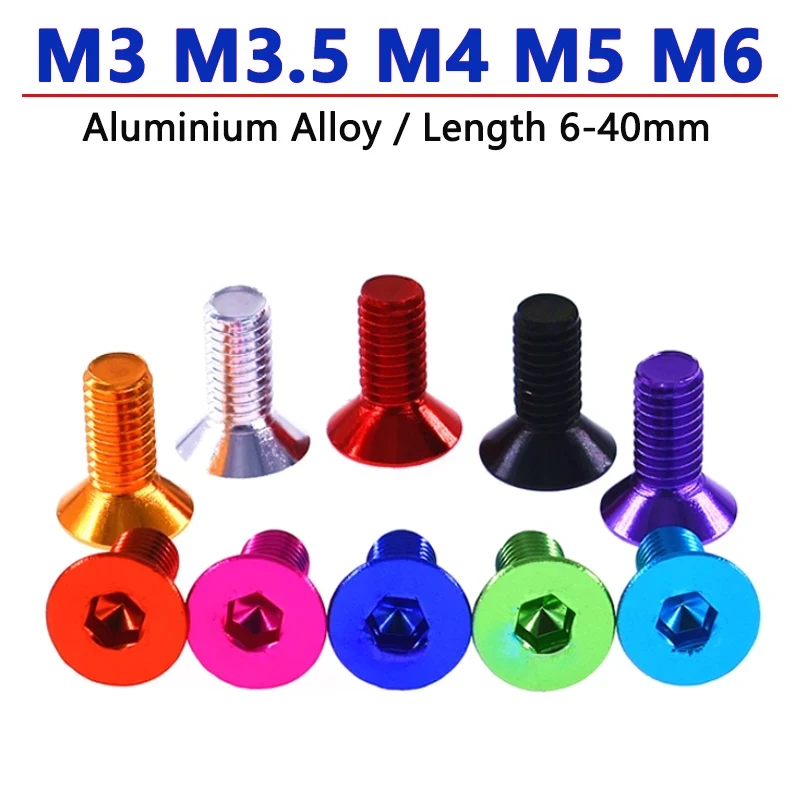 

10pcs M3 M3.5 M4 M5 M6 Countersunk Head Hexagon Socket Screws Flat Head Allen Bolt Aluminium Alloy Anodizing Length 6-40mm DIY