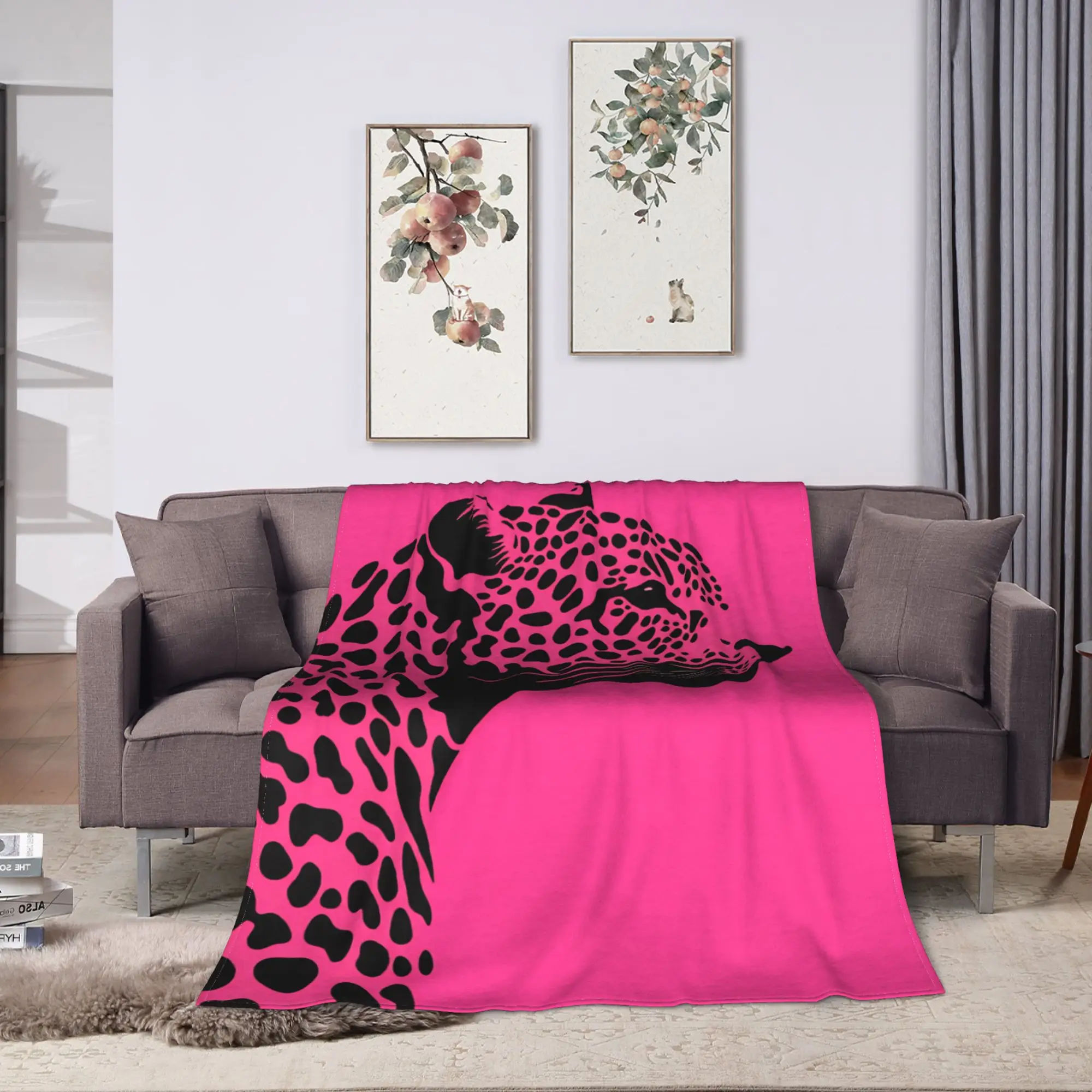 Black Leopard Silhouette On Bright Pink Background Blanket Warm Cozy  Throw Blanket Autumn Couch Bed Travel Office Bedspread