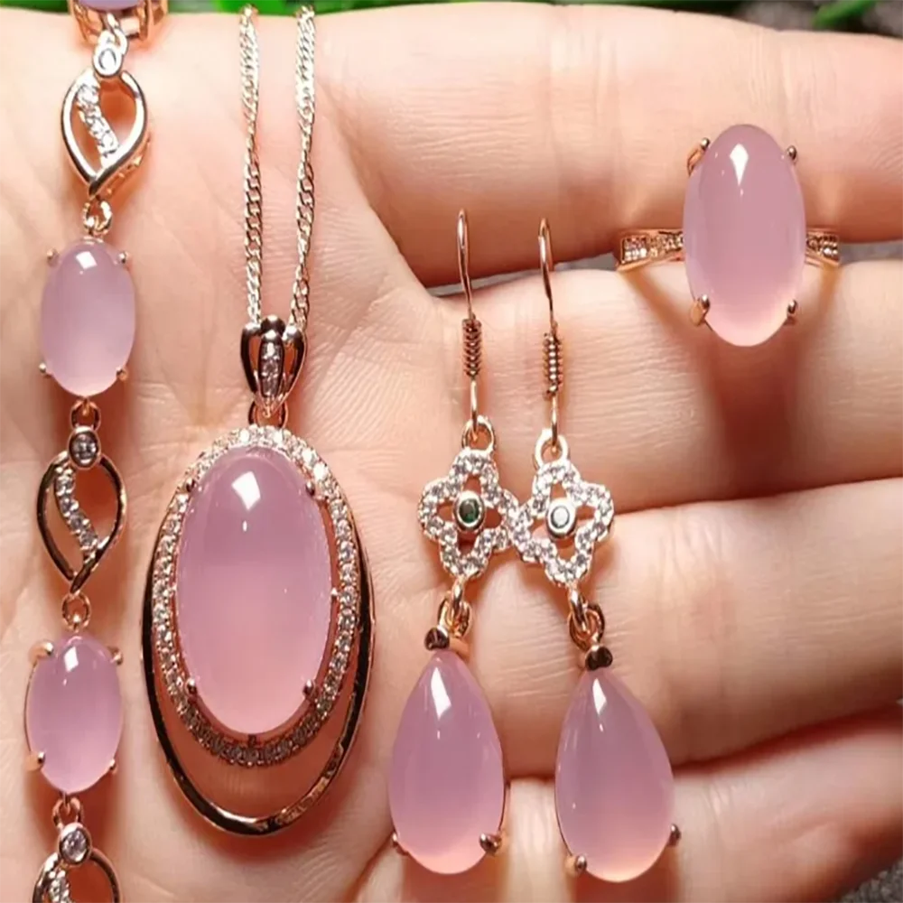 

Розовые Костюмы, натуральное искусственное ледяное дерево S925, посеребренный камень, милые женские кольца с агатом, серьги-капли, круглый кулон с драгоценным камнем